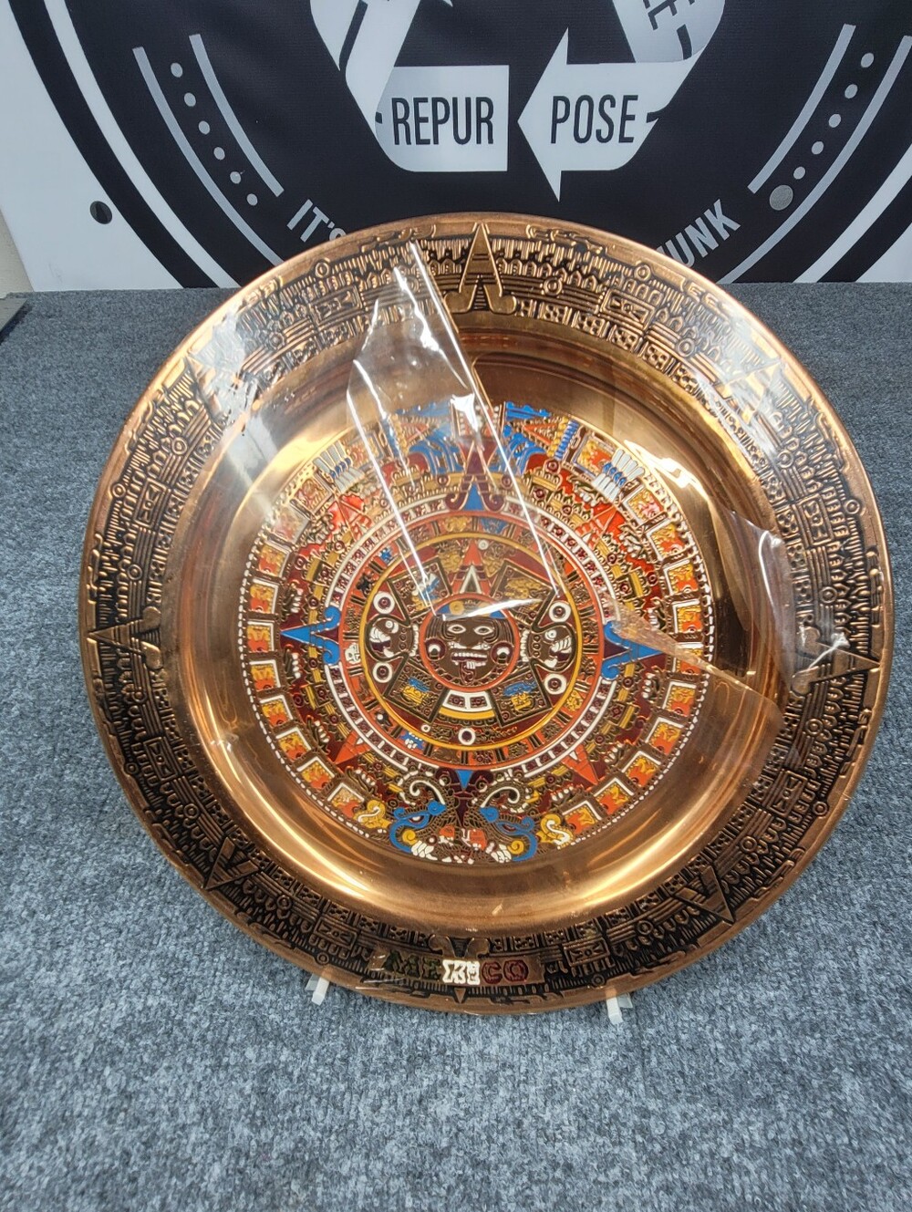 Vintage Cobre Aztec Calendar Copper Hanging Wall Plate MCM Colorful Mexico